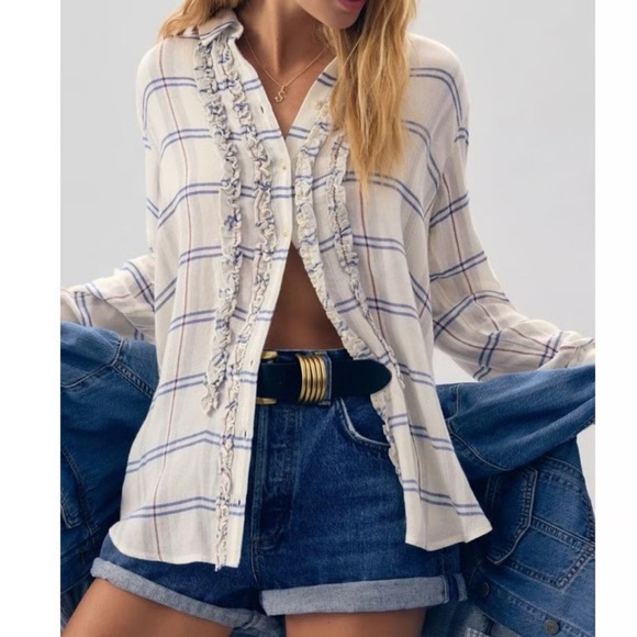 Pilcro Tops - Anthropologie Pilcro Cream Blue Plaid Ruffle Front Button Down Shirt Size M